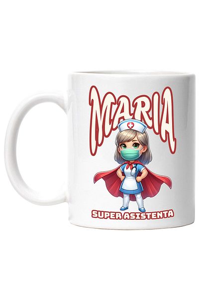 StoryGift Romania Cana Cu Asistenta Medicala Cu Pelerina Rosie Super Erou Masca Medicala Text Mari, Cu Maner Alb Stg