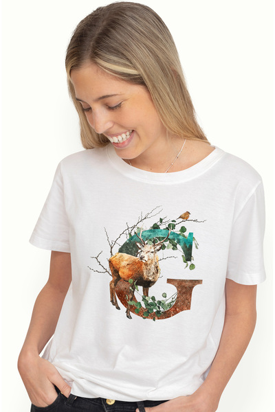 StoryGift Romania Tricou Femei Cu Litera, G, Cerb, Pasare, Crengi, Frunze, Mu...