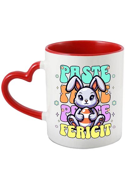 StoryGift Romania Cana Cu Iepure De Paste Mov Vesel Cu Ou Colorat In Brate Text Paste Fericit, Sar, Cu Maner Inim Stg