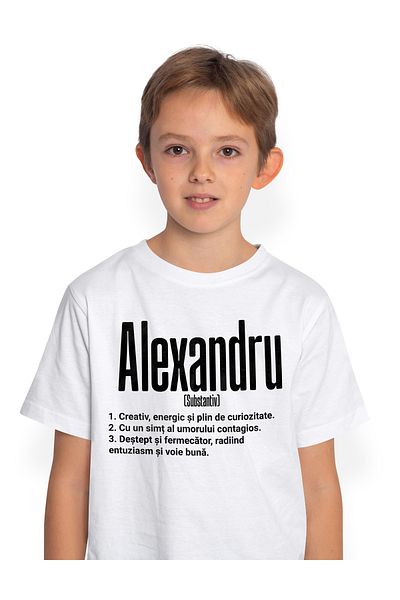 StoryGift Romania Tricou Copii Baieti Cu Numele Alexandru, Cu Mesaj Motivational, Creativ, Energic, Curios,