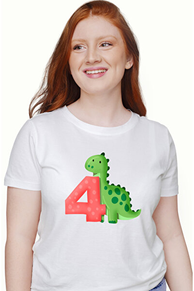 StoryGift Romania Tricou Femei Cu Un Dinozaur Verde Cu Cifra 4, Ilustratie, Pentru Copii, Scoala, Wht_l