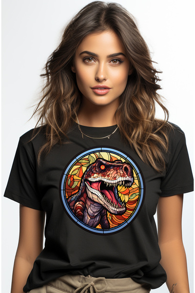 StoryGift Romania Tricou Femei Cu Un Dinozaur Furios, Ilustratie, In Stil Mozaic, Sticla, Agresiv Blk_s