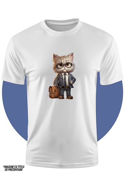 StoryGift Romania Tricou Copii Cu Un Motan La Costum, Ilustratie, Servieta, Ochelari, Pentru Iubitorii De Pi
