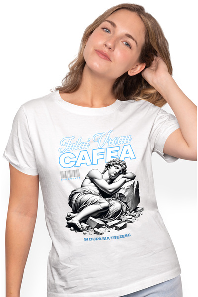 StoryGift Romania Tricou Femei Intai Vreau Cafea Si Dupa Ma Trezesc, Cu Impri...