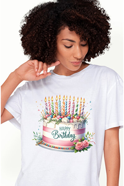 StoryGift Romania Tricou Femei Cu Un Tort Cu Lumanari Aprinse, Ilustratie, Mesajul "happy Birthday Wht_l