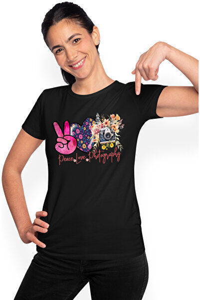 StoryGift Romania Tricou Femei Cu Mesajul "peace, Love, Photography", Ilustra...