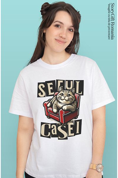 StoryGift Romania Tricou Femei Seful Casei Motan Pisica Haios Animal Cu Imprimeu Pe Fata, 100% Bum Wht_m