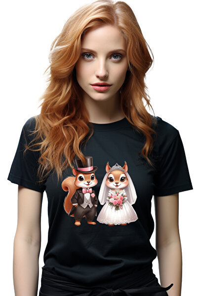 StoryGift Romania Tricou Femei Cu 2 Veverite Fericite La Nunta, Ilustratie, R...