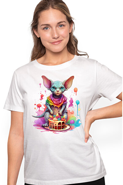 StoryGift Romania Tricou Femei Cu O Pisicuta Sfinx, Ilustratie, Tort, Anivers...