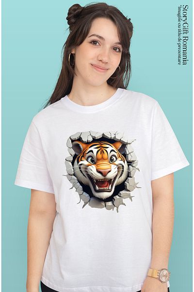 StoryGift Romania Women's T-shirt with an aggressive tiger sticking its head out of a destroyed wall, illustrious WHT_L