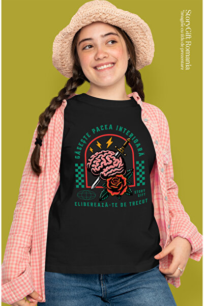 StoryGift Romania Tricou Femei Gaseste Pacea Interioara - Creier, Sabie, Floare (1), Cu Imprimeu Blk_l