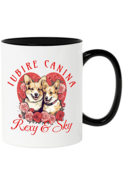 StoryGift Romania Cana Cu Portret Cuplu Valentine's Day Caini Cu Flori Trandafiri Rosii Rexy & Sky, Cu Maner Negru Stg