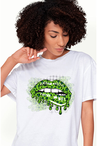 StoryGift Romania Tricou Femei Cu Niste Buze Date Cu Ruj Verde, Ilustratie, Trifoi, Irlanda, Musca Wht_l