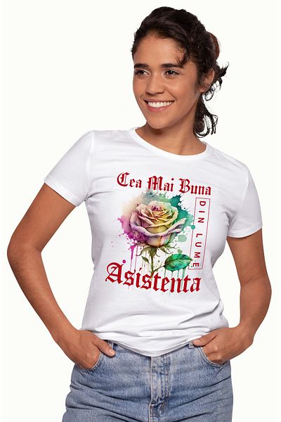 StoryGift Romania Tricou Femei Cu Textul Cea Mai Buna Asistenta, Din Lume, Floare, Trandafir Color Wht_l