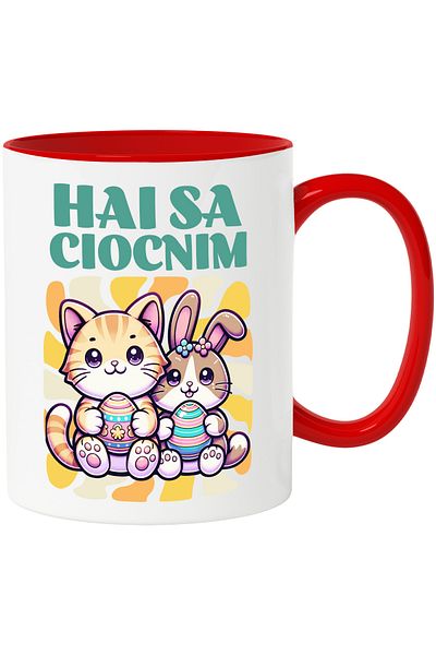 StoryGift Romania Cana Iepurasi De Paste Hai Sa Ciocnim Sarbatoare Hristos A Inviat, 330ml, Cerami, Cu Maner Rosu Stg