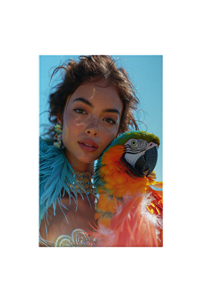 StoryGift Romania Tablou Canvas Fata Cu Parul Saten Si Haina Din Pene Albastr...