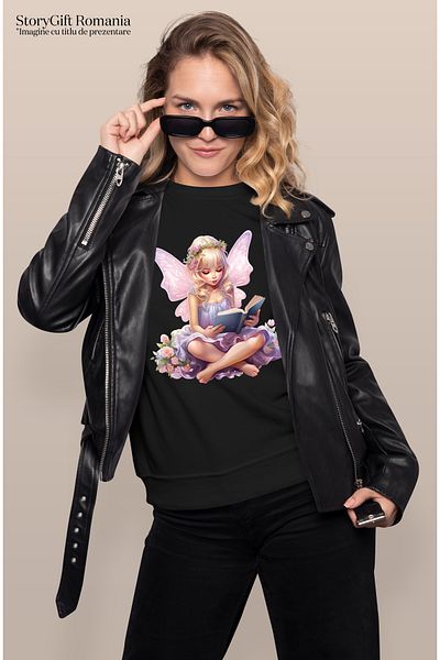 StoryGift Romania Tricou Femei Cu O Fetita Zana Care Citeste Dintr-o Carte, Ilustratie, Aripi De Z Blk_l