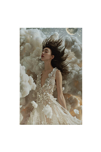 StoryGift Romania Tablou Canvas: Fată Cu Păr În Vânt În Rochie Albă Și Nori C...