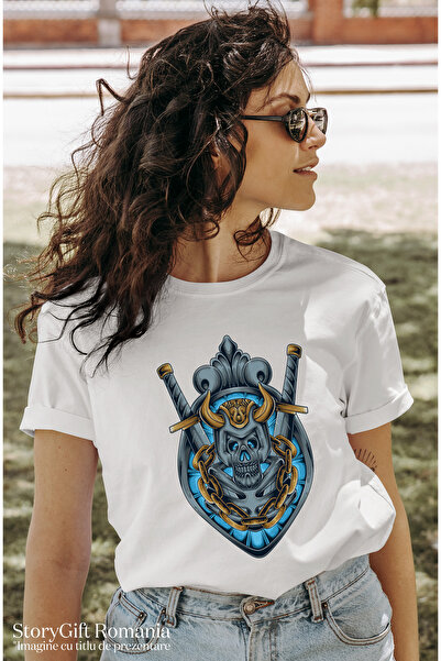 StoryGift Romania Tricou Femei Cu Craniu, Coif, Sabie, Lant, Schelet, Emblema, Fantasy, Multicolor Wht_m