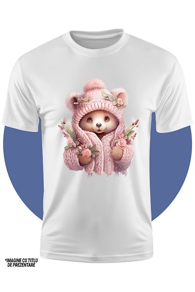 StoryGift Romania Tricou Copii cu un urs imbracat gros, ilustratie, flori, natura, afara, frig, haine caldur
