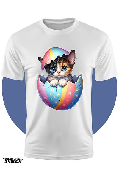 StoryGift Romania Tricou Copii Cu O Pisicuta Surprinsa Care Iese Dintr-un Ou Spart, Ilustratie, Curiozitate,