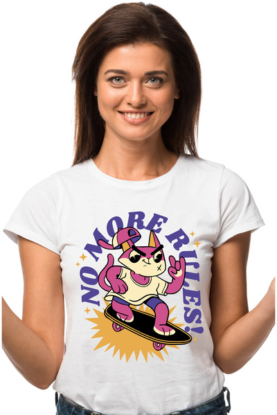 StoryGift Romania Tricou Femei Cu Mesaj In Engleza No More Rules, Pisica, Ska...