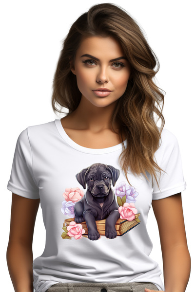 StoryGift Romania Tricou Femei Cu Un Catel Negru Care Sta Pe O Carte, Flori, ...