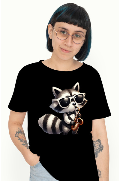 StoryGift Romania Tricou Femei Cu Un Raton Care Canta La Saxofon, Ilustratie,...