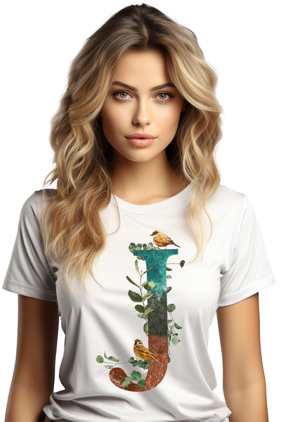 StoryGift Romania Tricou Femei Cu Litera, J, Pasari, Frunze, Multicolor Cu Im...