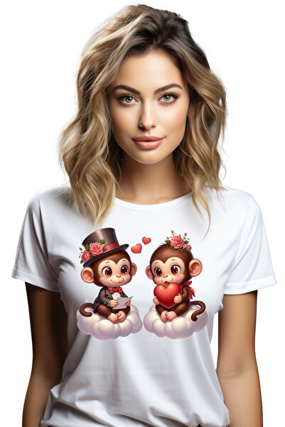 StoryGift Romania Tricou Femei cu 2 maimute care stau pe norisori, ilustratie, flori, inimioare, s WHT_L