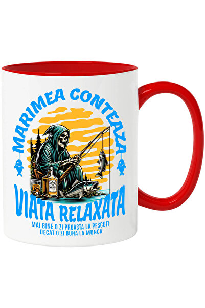 StoryGift Romania Cana Cu Moarte Vesela Cu Undita Si Captura Sticla Alcool Whiskey Pescuit Hobby ,, Cu Maner Rosu Stg