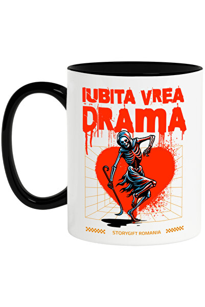 StoryGift Romania Cana Schelete Moarte Cu Coasa Text Iubita Mea Vrea Drame, 330ml, Ceramica Cu Man, Cu Maner Negru Stg