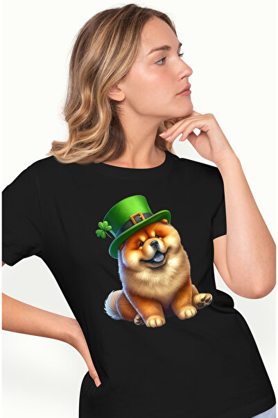 StoryGift Romania Tricou Femei Cu Un Catelus Blanos Chow Chow Care Poarta O Palarie Verde, Ilustra Blk_l