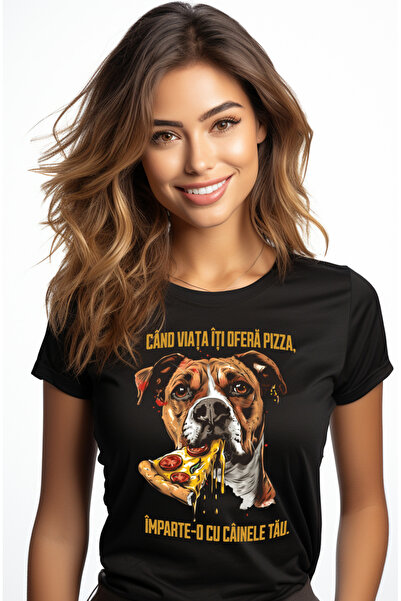 StoryGift Romania Tricou Femei Caine Cu Felie De Pizza, Text Cand Viata Iti D...