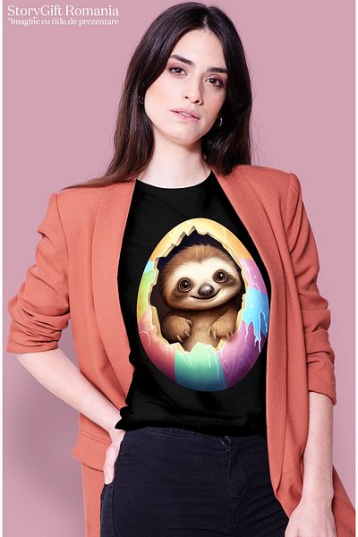 StoryGift Romania Tricou Femei Cu Animalul Sloth/lenes Care Iese Dintr-un Ou Spart, Vesel, Fericir Blk_l