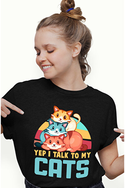 StoryGift Romania Tricou Femei Cu Pisici Cu Mesajul "yep, I Talk To My Cats", Vorbeste Cu Pisicile Blk_l