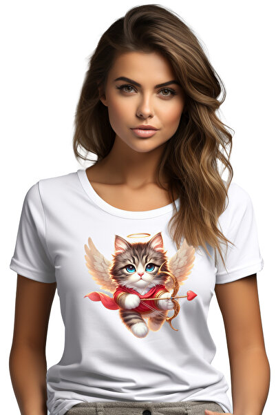 StoryGift Romania Tricou Femei Cu O Pisicuta Cupidon, Ilustratie, Aripi, Trage Cu Arcul, Valentine Wht_m