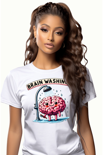 StoryGift Romania Tricou Femei Cu Mesajul "brain Washing", Ilustratie, Creier Care Sta Sub Un Dus, Wht_l