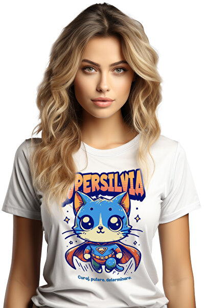 StoryGift Romania Tricou Femei Super Silvia, Supererou, Pisica Zburand, Cu Im...
