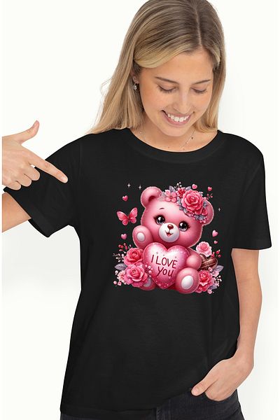 StoryGift Romania Tricou Femei Cu O Ursoaica De Plus Care Tine O Inima Cu Mesajul "i Love You", Il Blk_l