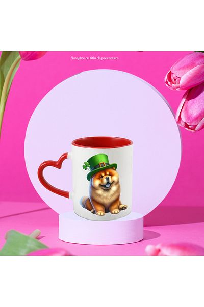 StoryGift Romania Mug with a furry Chow Chow puppy wearing a green hat | illustration | n, Cu ,STG .