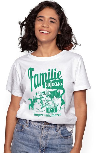 StoryGift Romania Tricou Femei Familie Pufoasa Impreuna Mereu Animale Pisici Cu Imprimeu Pe Fata, Wht_m