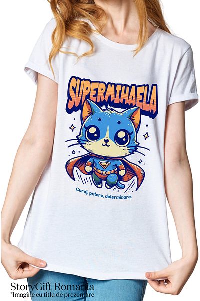StoryGift Romania Tricou Femei Super Mihaela, Supererou, Pisica Zburand, Cu Imprimeu Pe Fata, 100 Wht_l