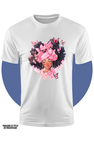 StoryGift Romania Tricou Copii Cu O Fata De Culoare, Ilustratie, Fluturi, Roz, Floricele, Plante, Negru, Cer