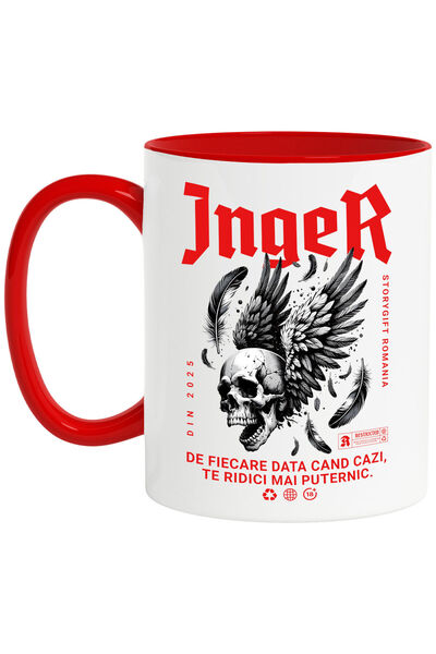 StoryGift Romania Cana Cu Craniu Uman Aripi Negre Text Inger De Fiere Data Cazi Te Ridici Mai Pute, Cu Maner Rosu Stg