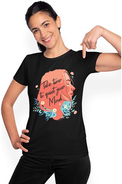 StoryGift Romania Women's T-Shirt With Self Love, Orange Hair Girl Portrait, Take Time To Quiet Your BLK_L,STG61454