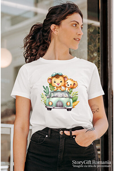 StoryGift Romania Tricou Femei Cu 2 Pui De Leu Care Se Plimba Cu O Masina, Ilustratie, Jungla, Nat Wht_m