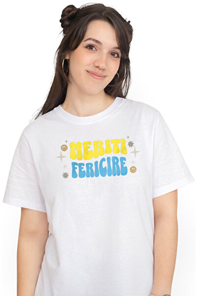 StoryGift Romania Tricou Femei Meriti Fericire, Cu Imprimeu Pe Fata, 100% Bum...