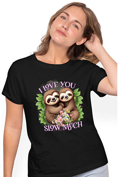 StoryGift Romania Tricou Femei Cu 2 Sloths/lenesi Cu Mesajul "i Love You Slow Much", Incet, Lent, Blk_m