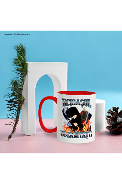 StoryGift Romania Mug killer of humanity man with mask in flames, 330ml, Ceramic with Red Handle, With Handle, STG